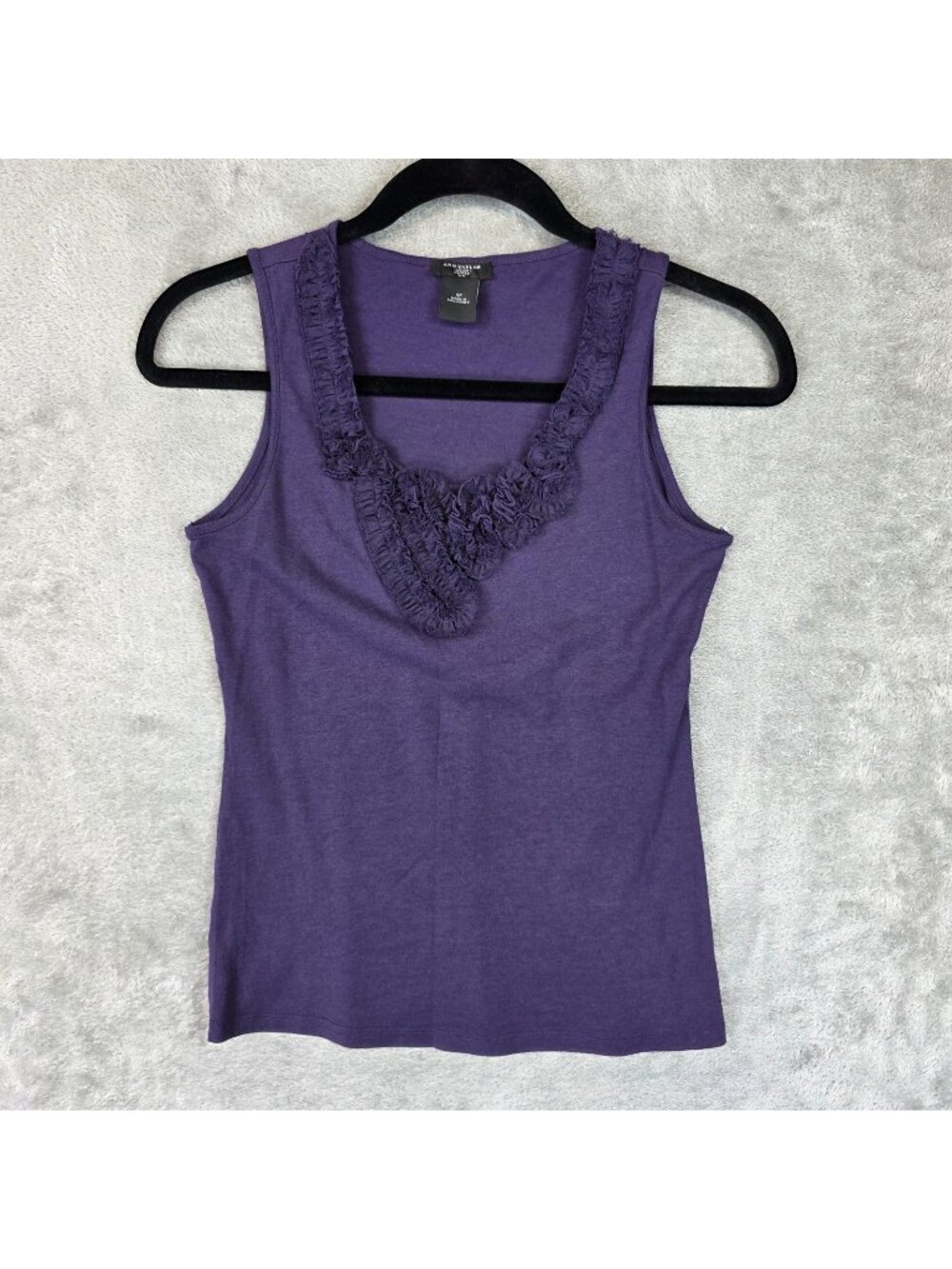 Ann Taylor Tank Top Womens SP Purple Ruffle V Neck Sleeveless Jersey Basic
